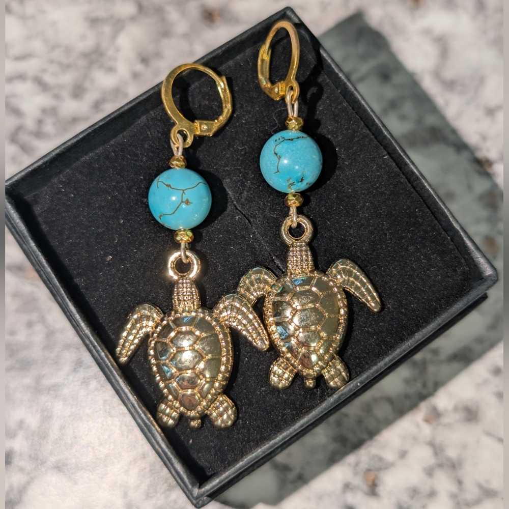 Charming Gold Turtle Earrings with Blue Beads